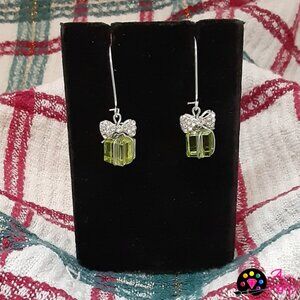 Handmade Christmas Gift Box Drop Earrings in Green with Silver Rhinestone Bows